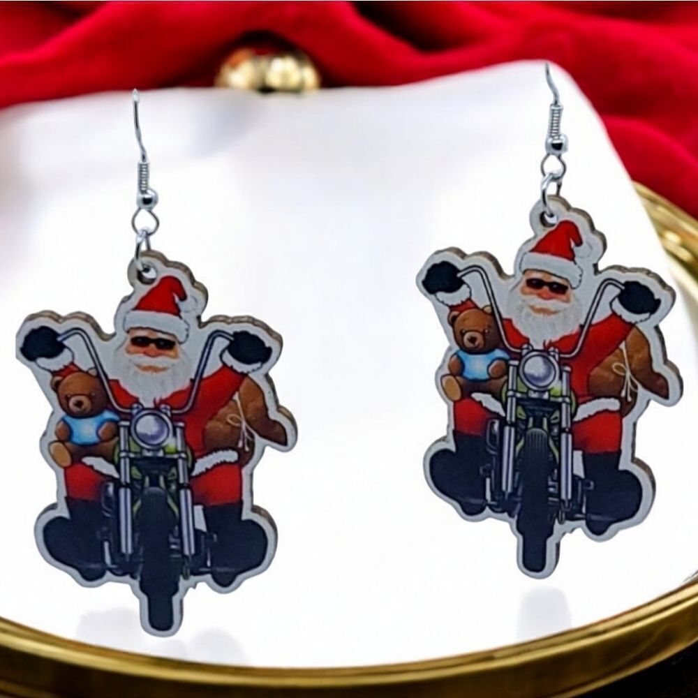 Holiday Earrings 🎄Motorcycle Santa Rider Christmas Wooden Dangle Drop Jewelry